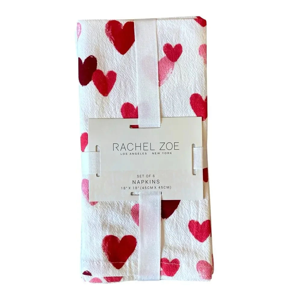 Rachel Zoe Set of 6 Heart Napkins 18x18 Valentines Day Pink Red White Cotton NEW